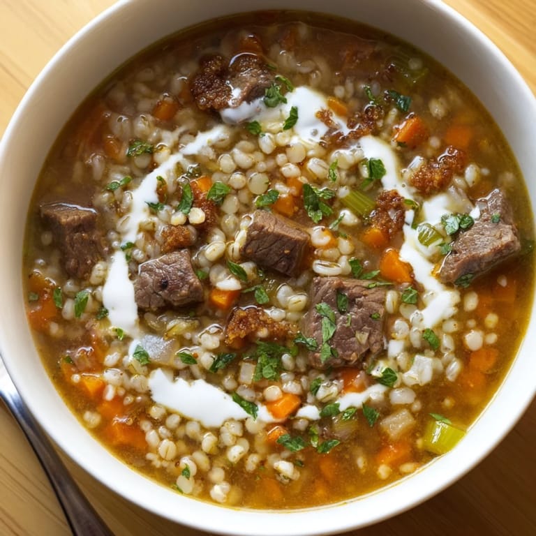 Primer plano de los trozos de carne de res cocida, granos de cebada y frijoles en un caldo aromático.