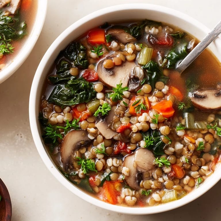 Sopa confortable de Double Lentil and Mushroom Barley Soup lista para comer, llena de lentejas, granos perlados y perejil sobre una mesa de madera.