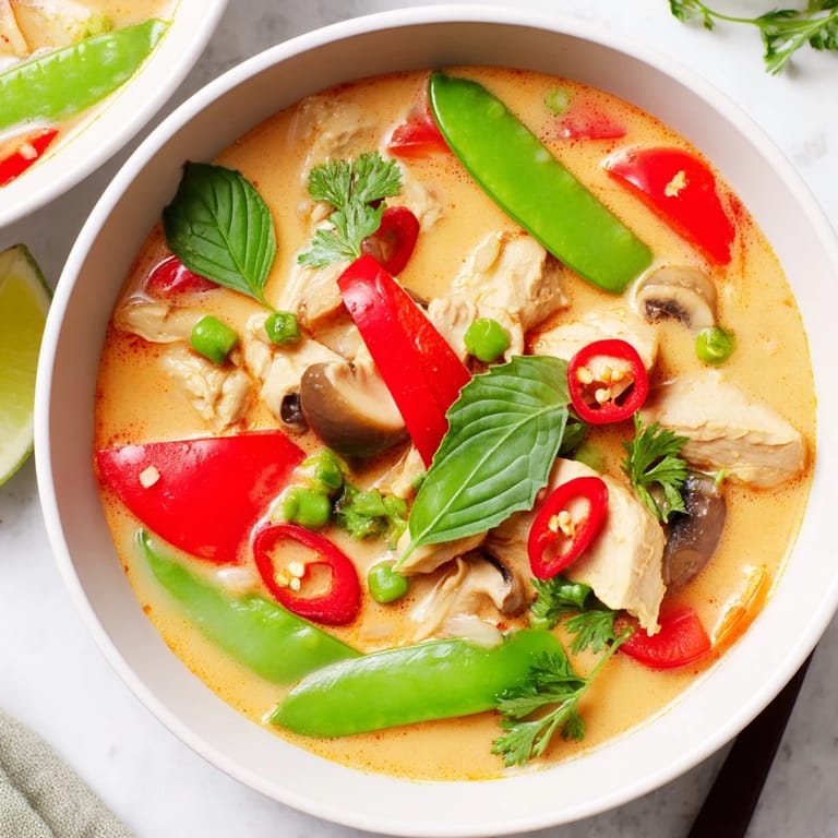 Thai Chicken Coconut Curry Soup servida con cilantro y rodajas de lima para realzar los sabores.