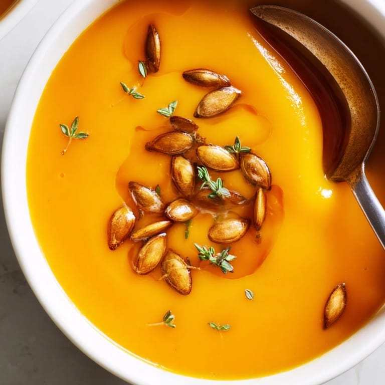 Deliciosa sopa de calabaza butternut con semillas de calabaza tostadas y un chorrito de sirope de arce.