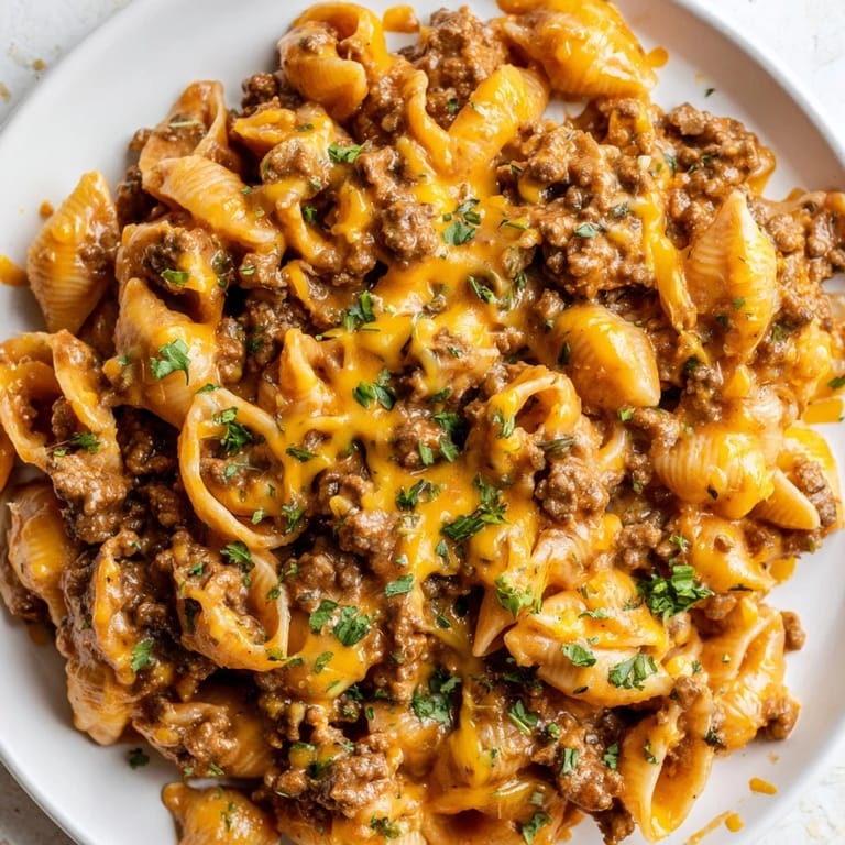 Plato principal hecho en una sola olla con pasta rellena, carne de res y queso derretido, perfecto para una cena rápida y reconfortante.