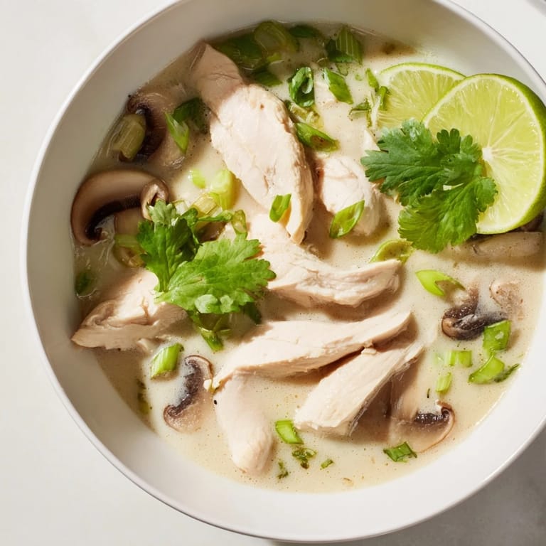 Aromática sopa tailandesa Authentic Tom Kha Gai, coronada con cilantro fresco y cilantro fresco, y caldosas limas.