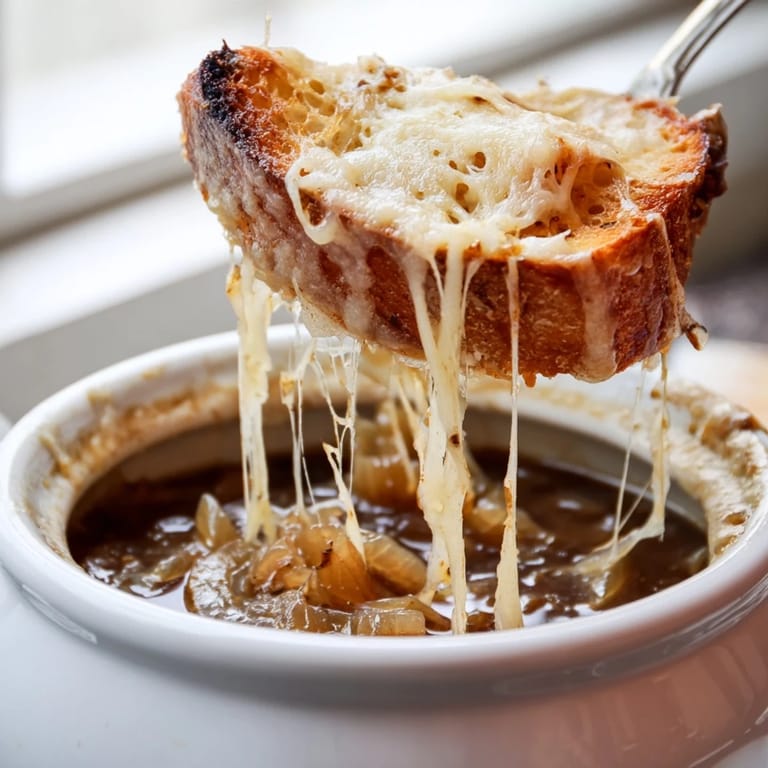 Caldo de French Onion Soup aromático, cebollas doradas y tostada rústica cubierta de queso gratinado.