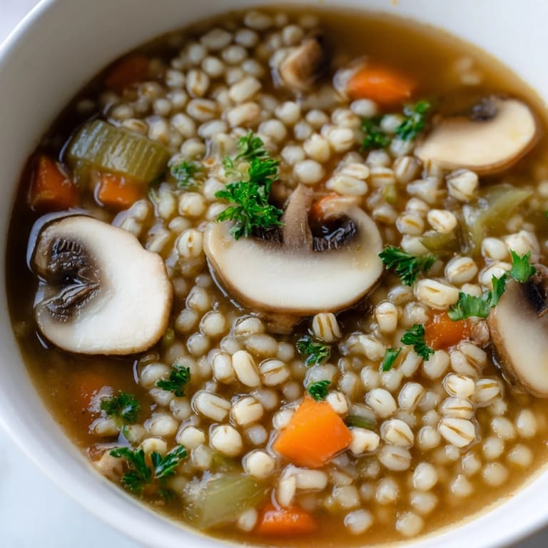 La sopa de cebada con champiñones se sirve caliente en un tazón de cerámica, adornada con perejil fresco picado.