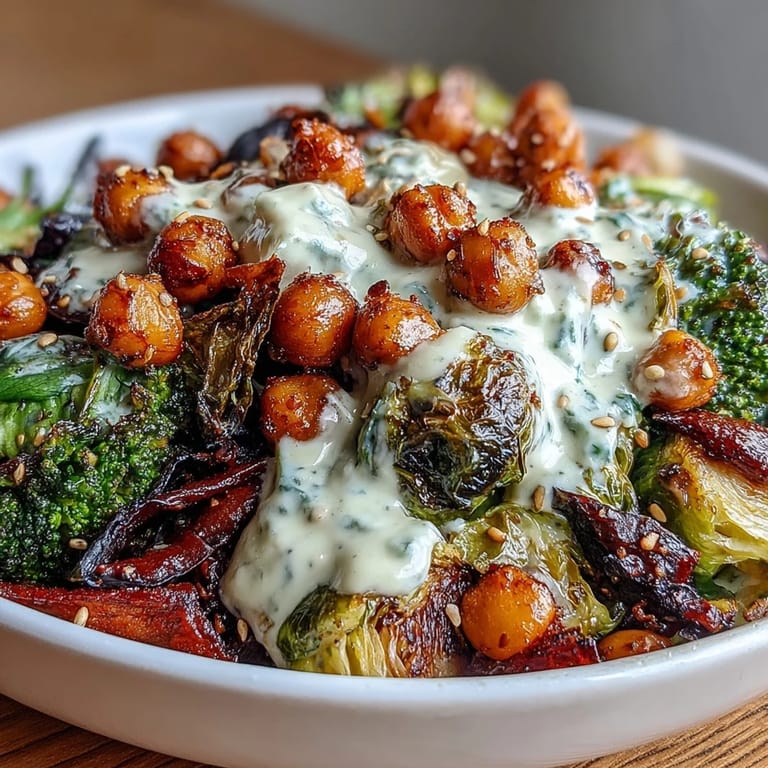 A vibrant, meal-prep-friendly bowl of roasted veggies and chickpeas, tossed in a rich maple Dijon tahini dressing, ready to serve.