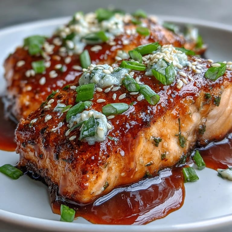 Filetes de Bang Bang Salmon horneados con salsa agridulce, espolvoreados con cebollín y semillas de sésamo para un final crujiente.
