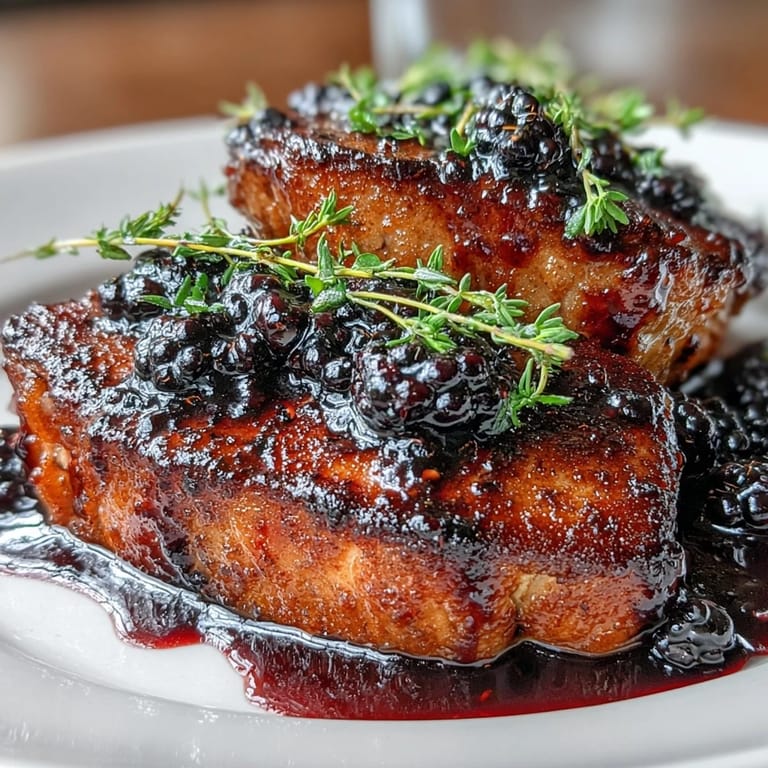 Un plato principal atractivo para cuatro porciones: chuletas de cerdo doradas cubiertas con una salsa agridulce y bourbon, con moras frescas.