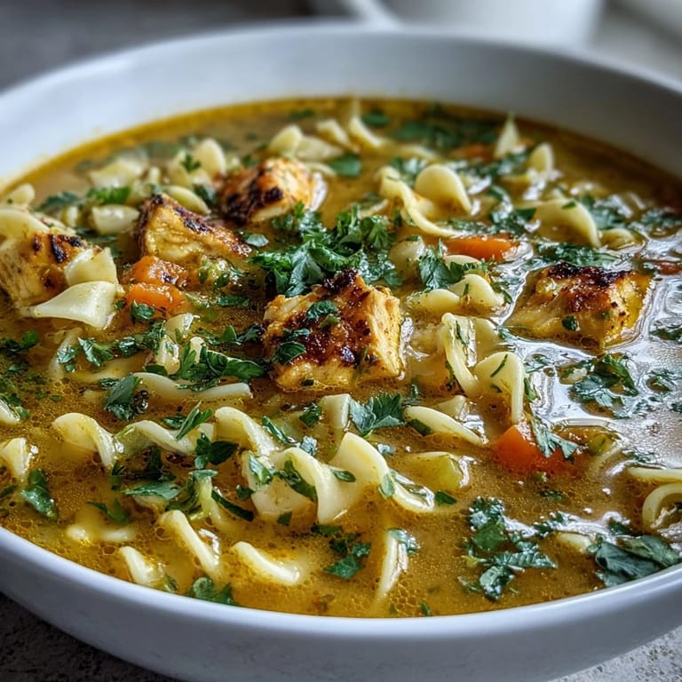 Ingredientes vibrantes para Ginger Turmeric Chicken Soup, incluyendo cúrcuma, jengibre y tiras de pollo en una olla sobre el fuego.