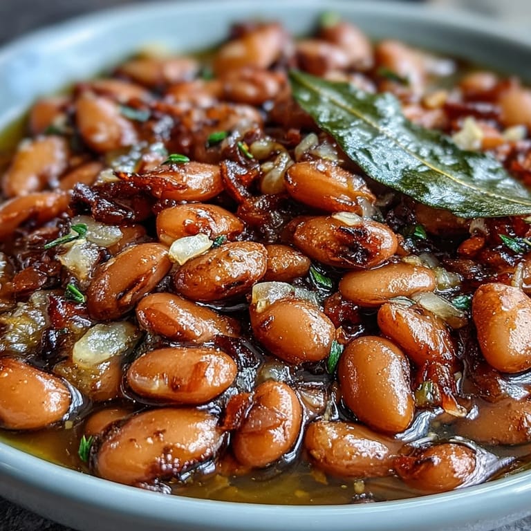 A close-up of seasoned pinto beans simmered to perfection, ideal as a hearty taco filling or chili base.
