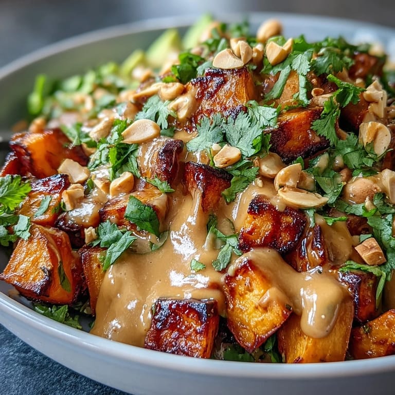 El bol de batata tailandesa con batata asada, verduras crujientes y rica salsa.