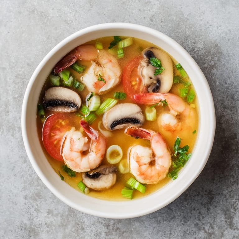 Tom Yum Soup servido en cuenco cerámico con champiñones, cilantro y rodajas de lima fresca.