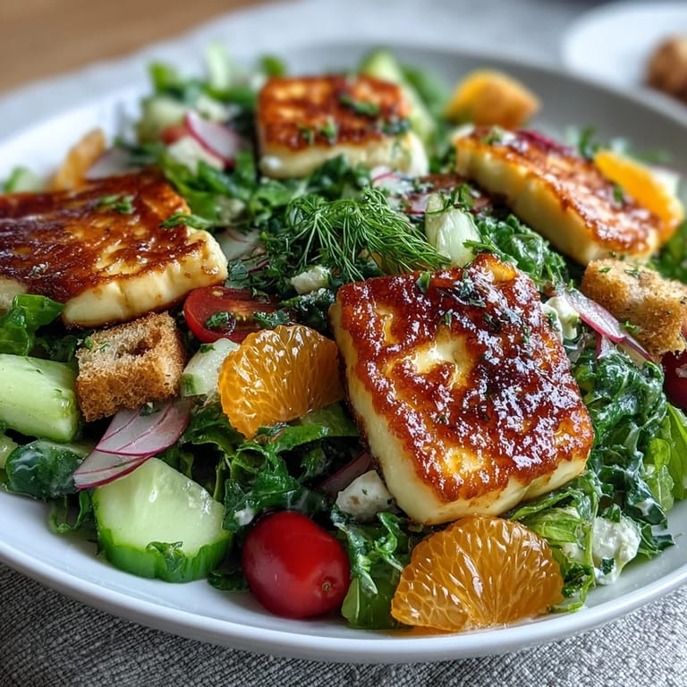 Halloumi Blood Orange Fattoush listo para servir, adornado con crujientes y cítricos.