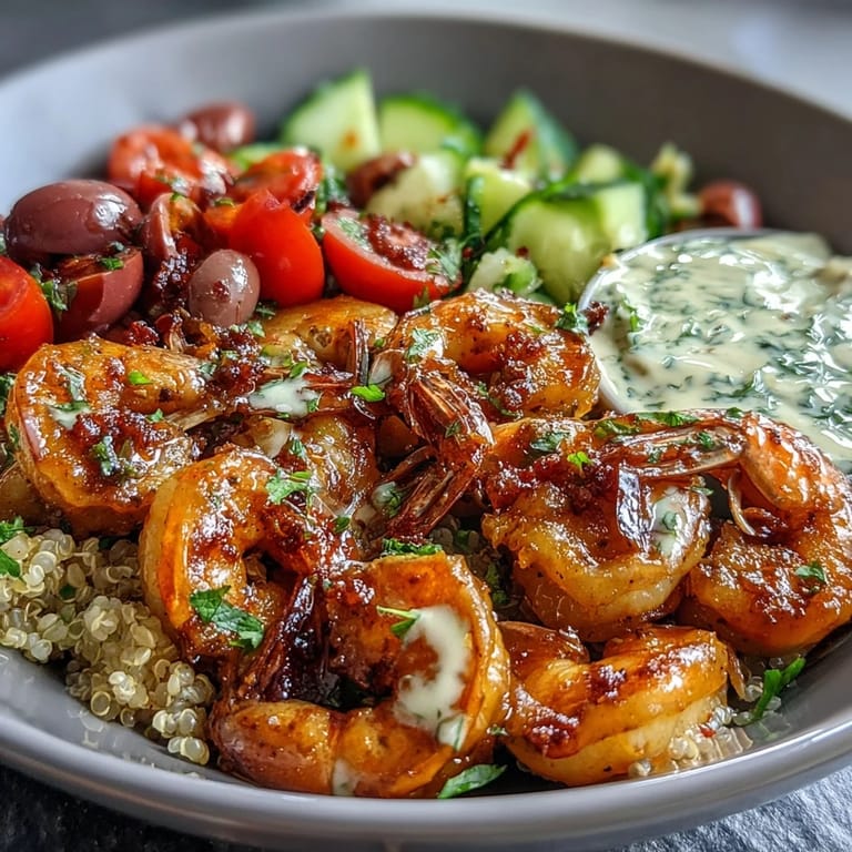 Healthy Mediterranean shrimp bowl with fresh veggies and a zesty tahini drizzle.