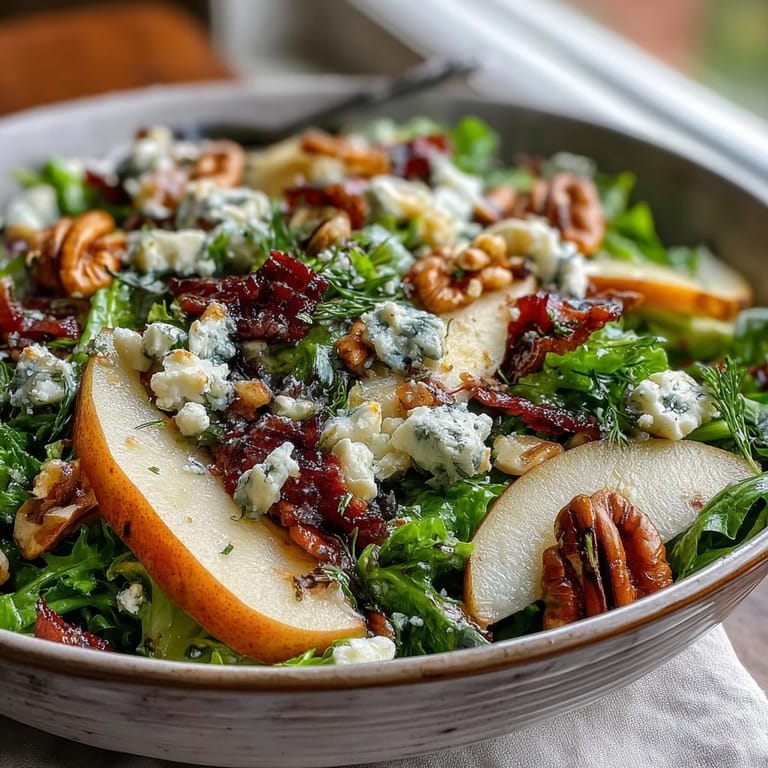 Un vibrante Frisée Pear Blue Cheese Bowl, listo para servir con aderezo cítrico.