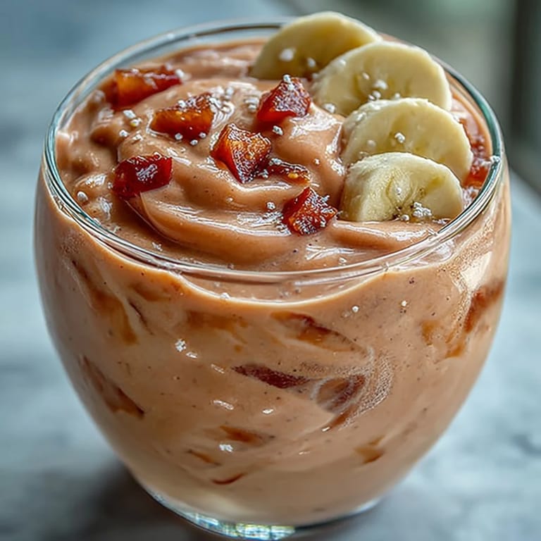 Guava Banana Smoothie en vaso transparente, espumoso y tropical con guarnición de rodajas de plátano.
