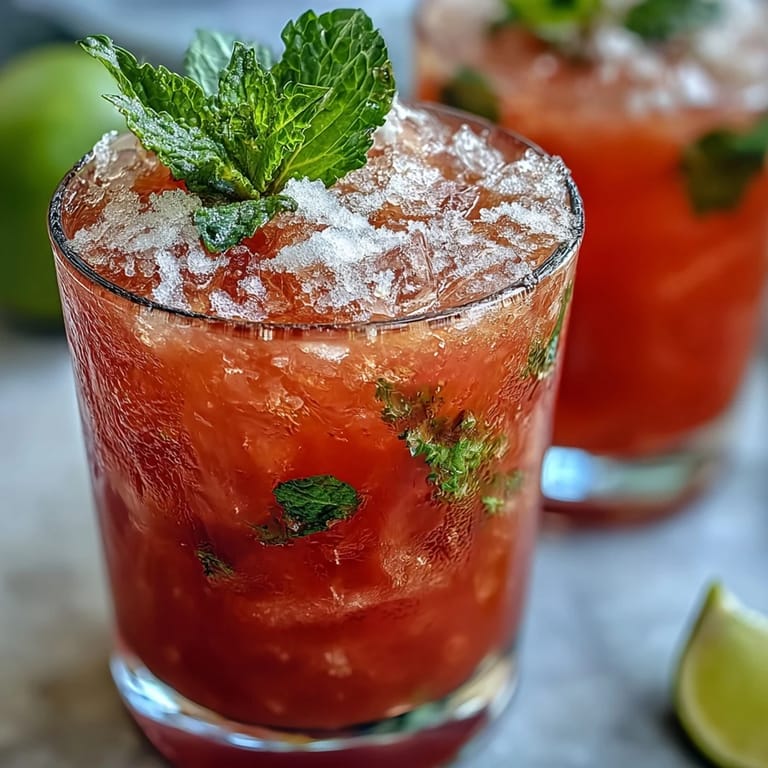 Vibrante Guava Mojito tropical con jugo de guayaba, jugo de lima recién exprimido, menta y ron blanco, ideal para fiestas.