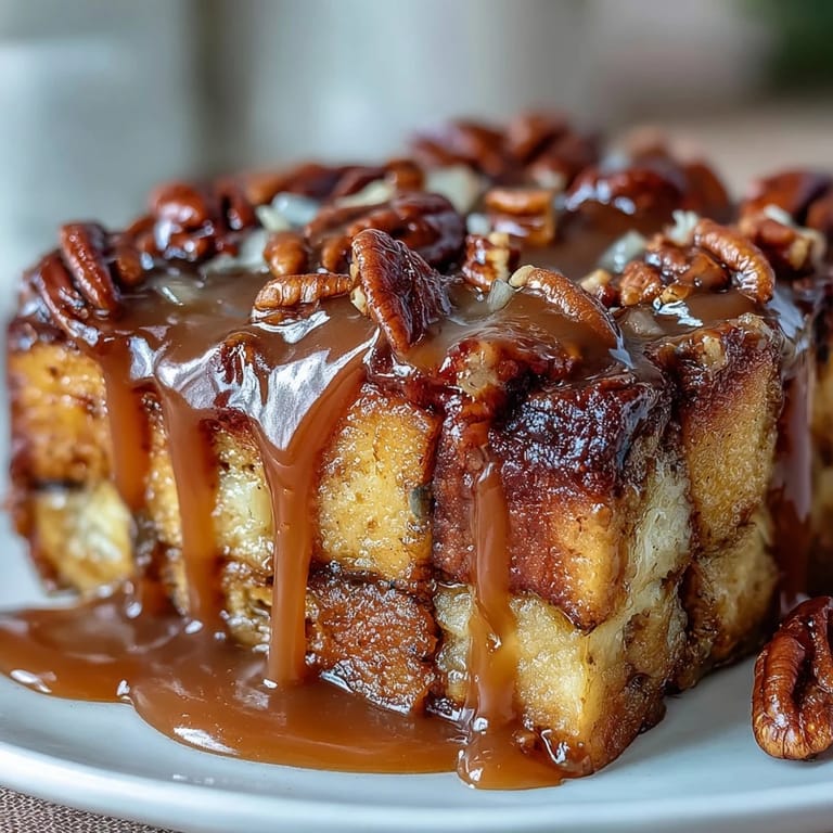A close-up of Guava Caramel Bread Pudding with Pecans shows custardy bread cubes and sticky guava swirls.