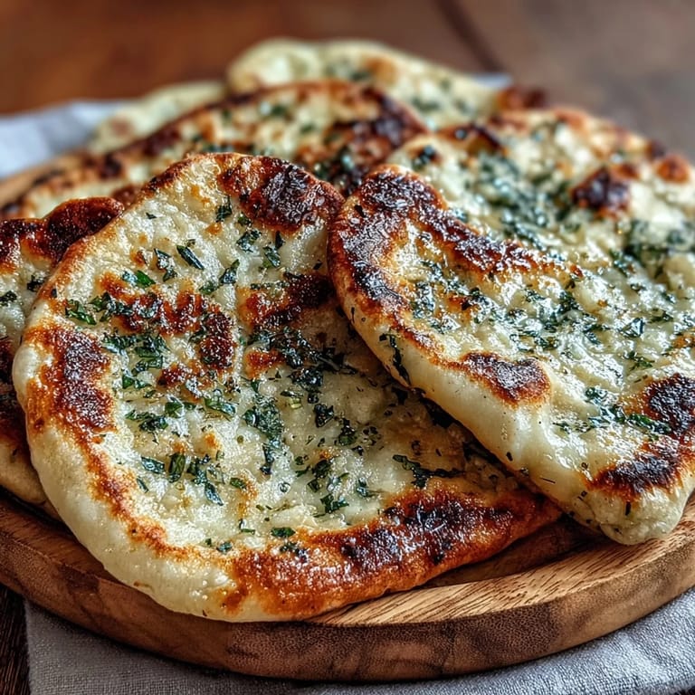 Warm The Best Easy Garlic Naan Bread with soft bubbles and golden edges on a rustic wooden board.