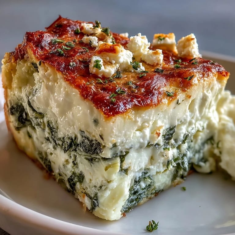 Textura esponjosa de High Protein Spinach Artichoke Bake al sacar del horno, con cuchara lista para porción baja en carbohidratos.