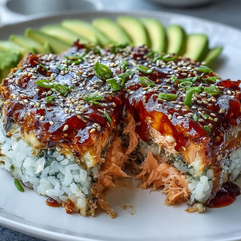 Capas de arroz sazonado, salmón en hojuelas y queso derretido coronan este sushi bake de salmón picante ideal para compartir.