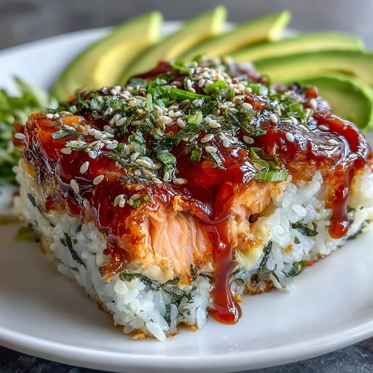 A cucharadas sobre hojas de alga, este sushi bake de salmón picante se disfruta caliente con mayonesa y sriracha.
