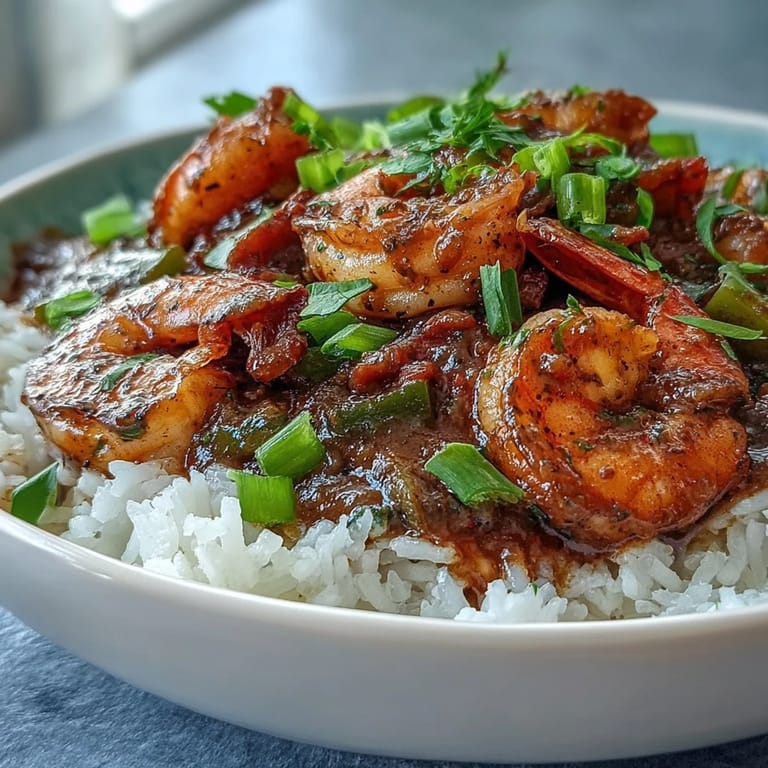 La clásica Nueva Orleans Étouffée se sirve humeante con camarones en salsa de roux oscuro y arroz blanco.