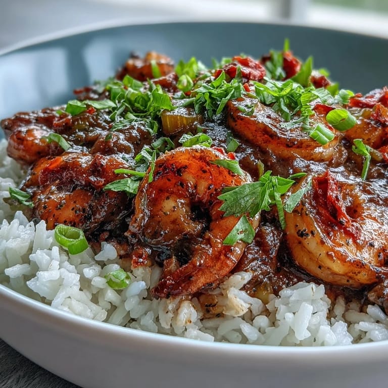 Un bowl de clásica Nueva Orleans Étouffée con camarones, hierbas frescas y arroz, perfecto para la cena.