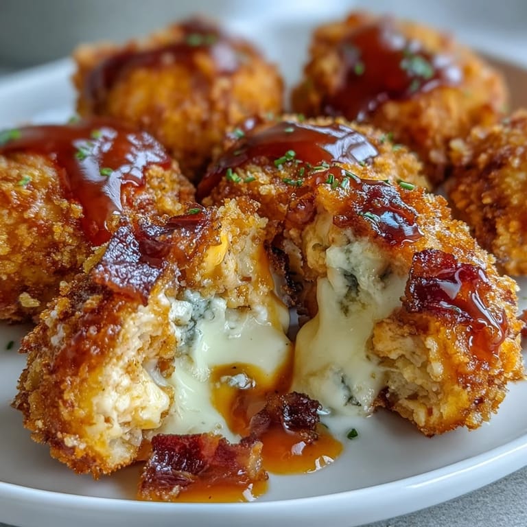 Close-up of a cut Buffalo Chicken Bacon Mozzarella Bomb with spicy buffalo sauce drizzle, highlighting the steamy, melted mozzarella and bacon filling.