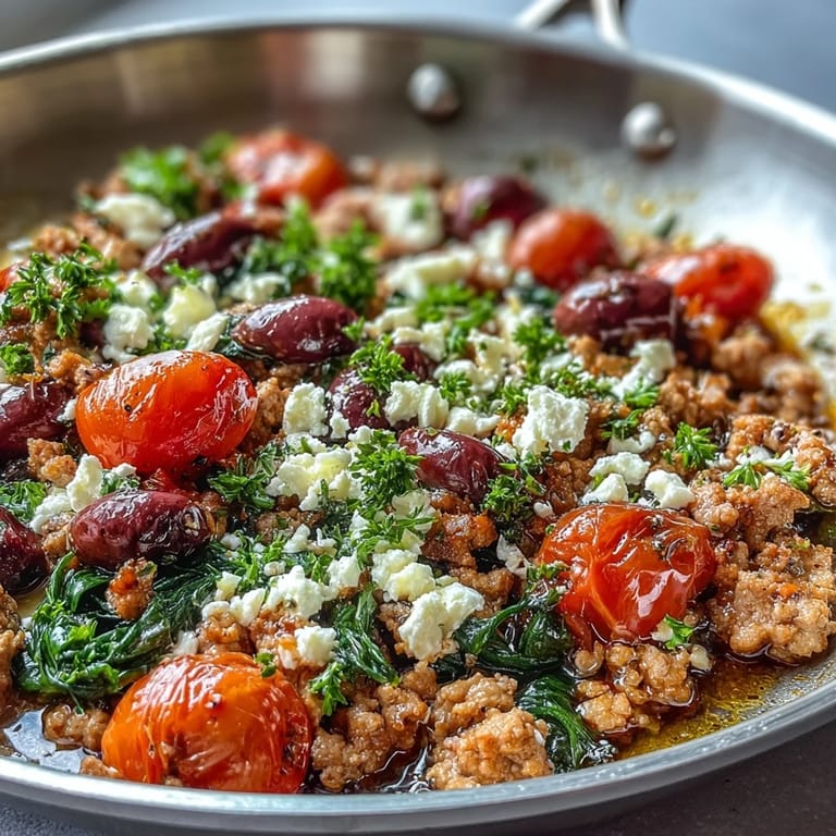Skillet de Pollo Molido Keto Mediterráneo con Olivas y Feta con espinacas, ajo y cebolla, listo para disfrutar directamente de la sartén.