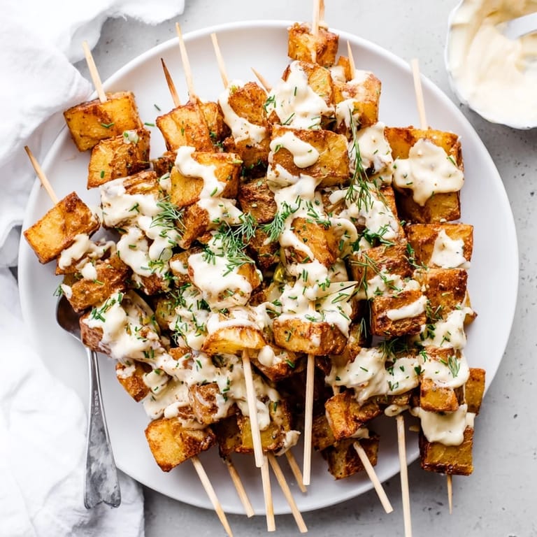 Irresistible potato bites paired with creamy pickle aioli, ideal for party platters.