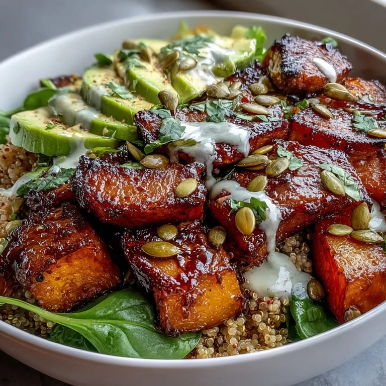 Calabaza asada a la parrilla y bistec jugoso sobre cama de quinoa con semillas de calabaza tostadas.