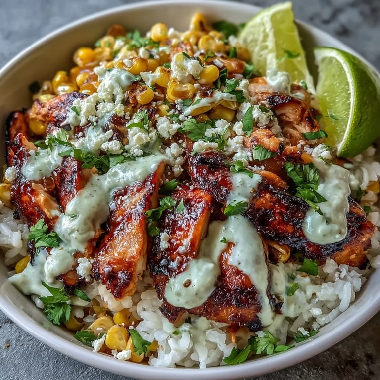 Vistosos bowls de Street Corn Chicken and Rice servidos con cilantro, rodajas de limón y queso cotija desmenuzado.