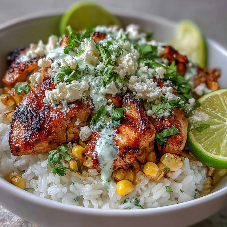 Cena de Street Corn Chicken and Rice: pollo asado, maíz ahumado, arroz y salsa cremosa espesa.
