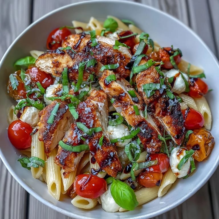 Close-up of Bruschetta Chicken Pasta, fresh basil and Parmesan garnish with a balsamic drizzle on penne.