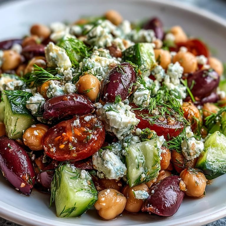 Ensalada griega de frijoles refrescante, con hierbas frescas, limón y feta, ideal como almuerzo sin gluten.