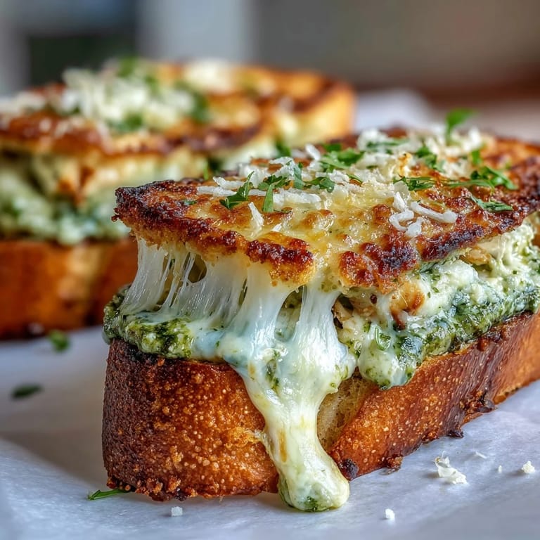 Deliciosas Pesto Chicken Garlic Bread Boats rellenas de pollo jugoso con pesto, crujientes por fuera y cremosas por dentro.