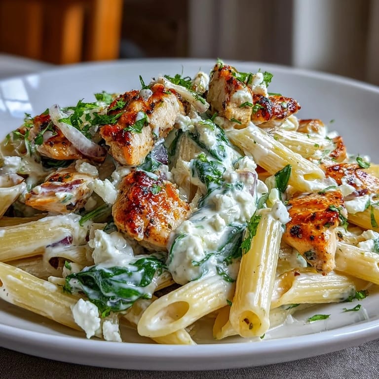 Cubos de pollo dorados y pasta al dente en un sartén, con espinacas, feta y una salsa cremosa de yogur y limón.