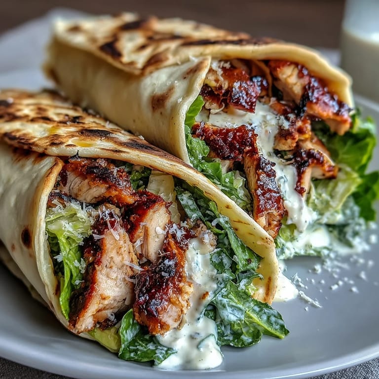 Wraps de pollo a la parrilla con ajo y lechuga César sobre delicioso pan naan, listos para disfrutar.