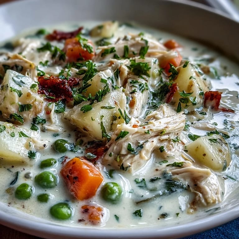 Reconfortante Creamy Chicken Pot Pie Soup humeante, llena de pollo desmenuzado y verduras, acompañada de pan crujiente.