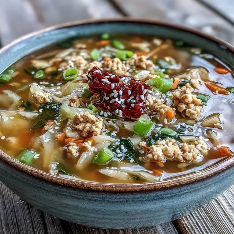 Egg Roll Soup con pollo y col en tazón humeante, con zanahorias y cebolín, lista para probar con cucharada de chili crisp.