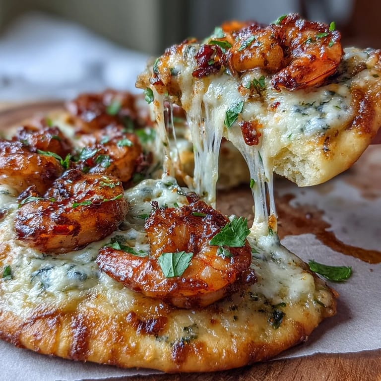 Camarones al ajillo en mantequilla sobre naan crujiente, toppings de pizza fusionada para la cena.