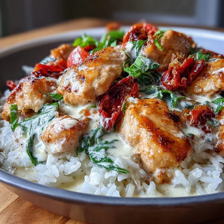 Pollo dorado en sartén con arroz cremoso, queso parmesano y tomates secos Tuscan.