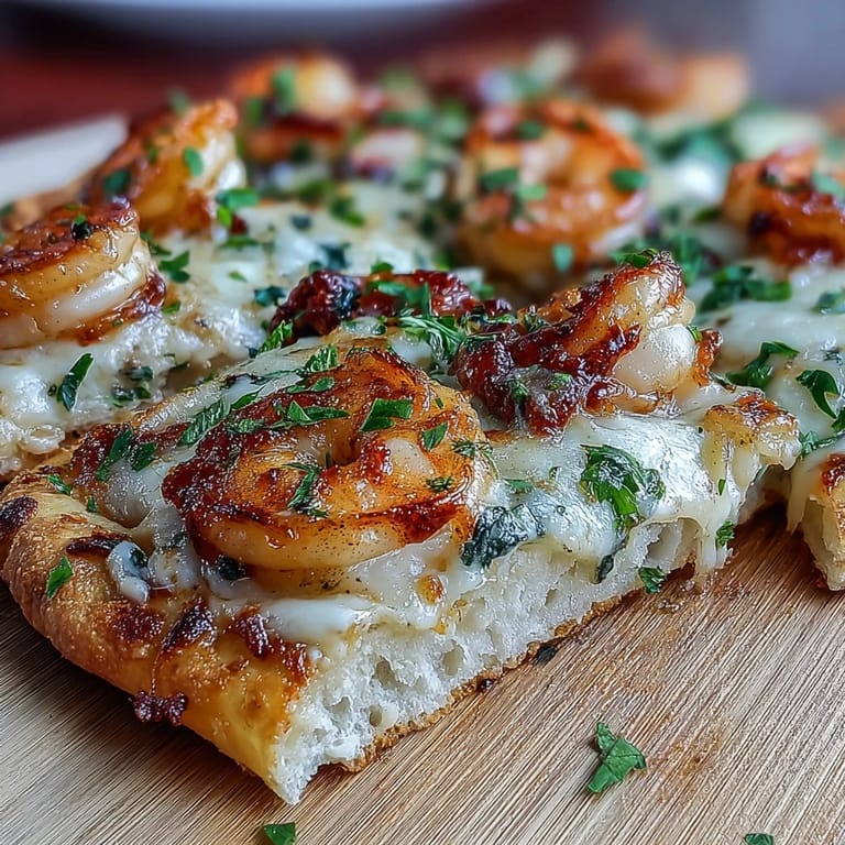 Freshly baked Garlic Butter Shrimp Naan Pizzas topped with parsley, ready to slice and serve for dinner. 