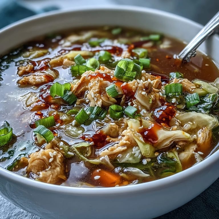 Tazones de Egg Roll Soup with Chicken & Cabbage con pollo molido, verdes de cebollín y una cucharada de chili crisp brillante.