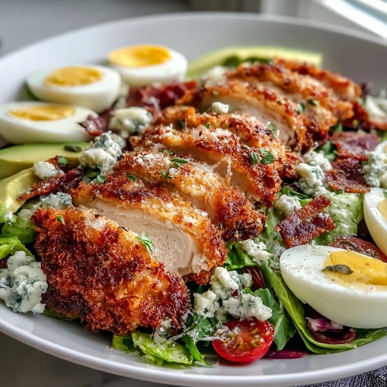 Fresh Cobb salad drizzled with tangy dressing and crowned with golden Parmesan Crusted Chicken thighs.