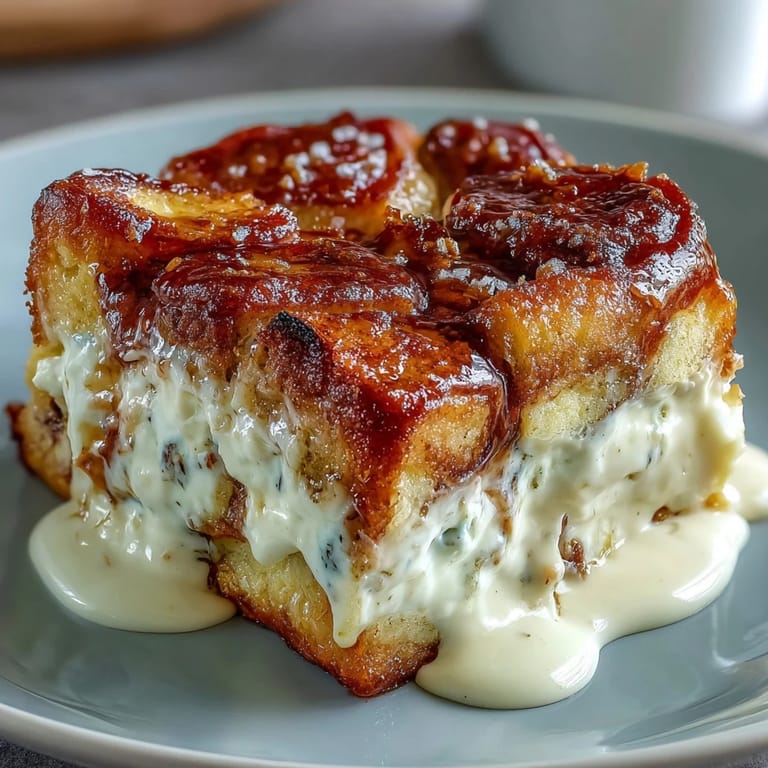 Cazuela nocturna de Cream Cheese Swirl Cinnamon Roll French Toast Bake, dorada y cremosa, lista para el desayuno.