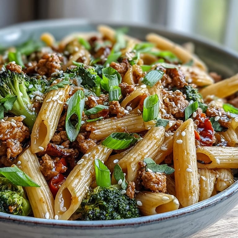 Close-up of a skillet of sweet and spicy turkey broccoli pasta with diced red bell pepper, highlighting the steam.