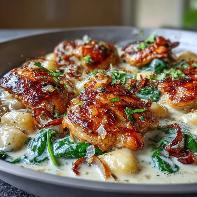 One-Pan Creamy Garlic Chicken Gnocchi plated with spinach flecks, rich sauce, and a side salad for a comforting weeknight dinner.