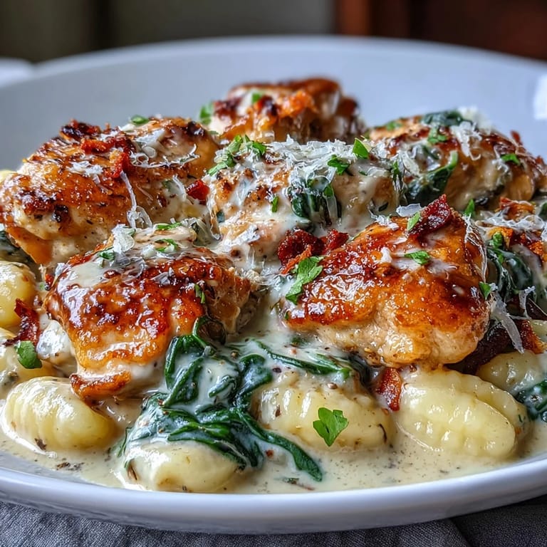 Juicy seared thighs and pillowy gnocchi in One-Pan Creamy Garlic Chicken Gnocchi, served with crusty bread.