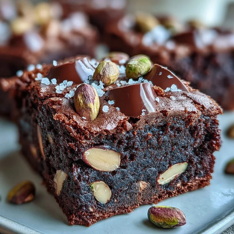 Rebano denso de pastel de pistachos y chocolate con chips fundidos y una corteza brillante, listo para merendar.